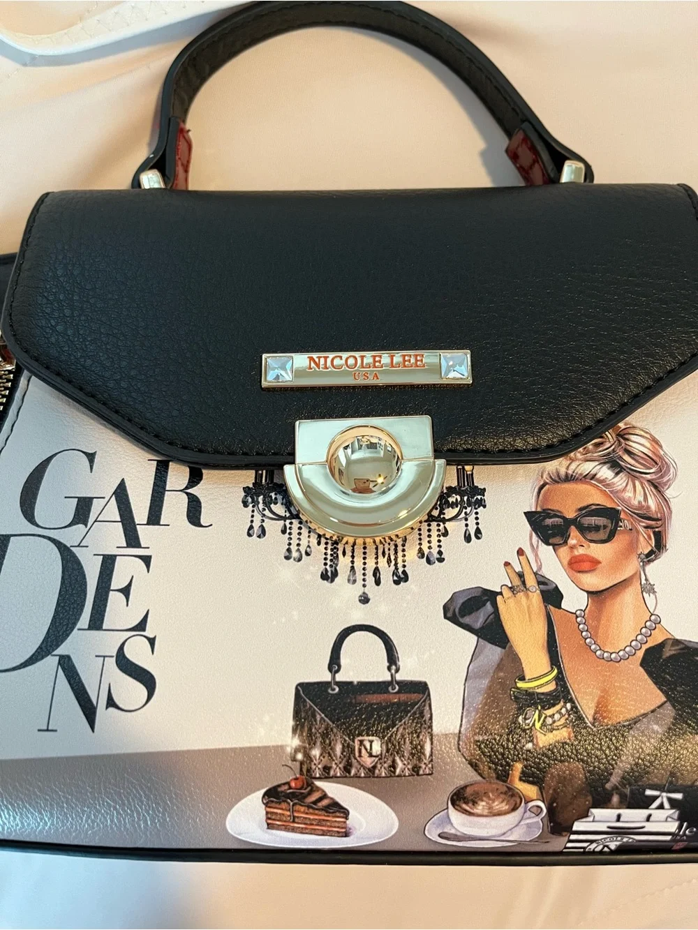 Nicole Lee Lady In Black Graphic Mini Handbag Gardens Crossbody Satchel Purse